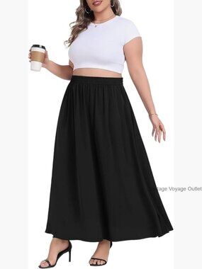 Plus Size Maxi Skirt Elastic High Waist Flowy A-Line with Pockets